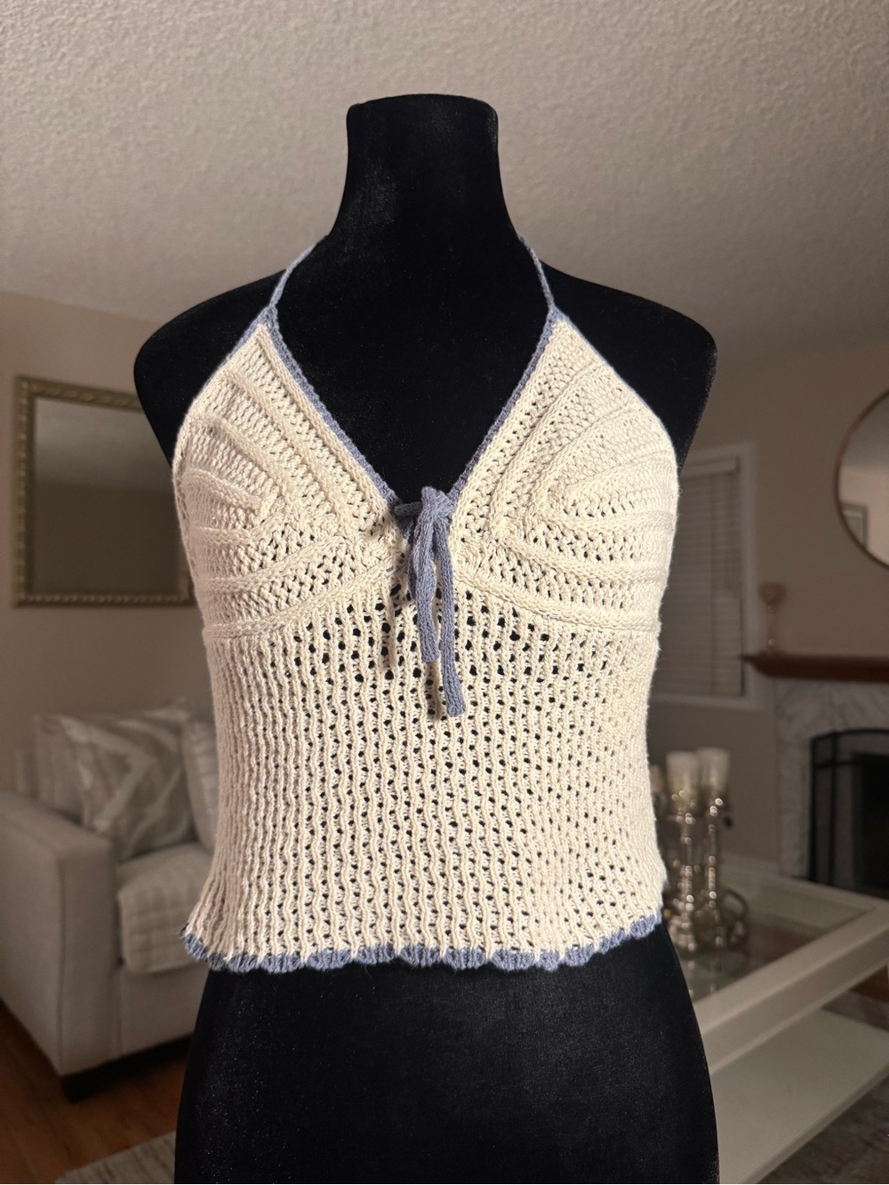 ROMWE Cream Crochet Halter Crop Top with Light Blue Trim